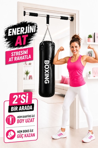 Spor Byfit 70 Cm Boks Torbası Ve Kapı Barfiks Demiri - 2 Si 1 Arada Siyah