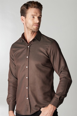 Tudors Modern Slim Fit Dar Kesim Armürlü Erkek Gömlek-25752 Kahverengi