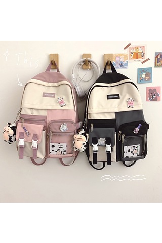 Moveevo Kadınlar İçin Modern Siyah Şeffaf Çift Omuz Çantası - Kuzuluk Askılımlı Ve 3 Adet Kartun Stickerli Okul Çantası Siyah