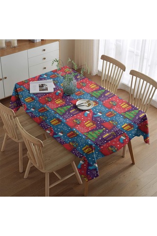 Noel Desenli Dikdörtgen Masa Örtüsü 60x84 İnç, Su Geçirmez Ve Leke Tutmaz Noel Hediye Ağacı