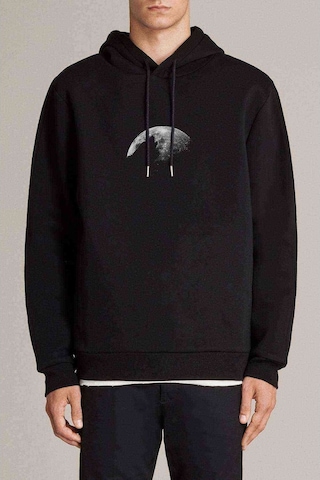 Kurt Dolun Ay Baskılı Siyah Erkek Örme Kapşonlu Sweatshirt