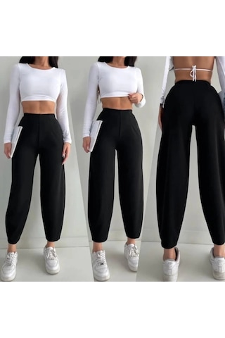DefyModa Kadın Krep Kumaş Balon Pantolon Siyah