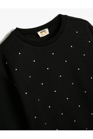 Koton Sweatshirt Bisiklet Yaka Uzun Kollu Boncuk Detaylı Şardonlu Siyah 4wkg10719ak Siyah
