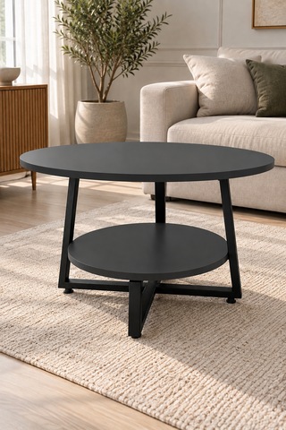 Yuvarlak Orta Sehpa 69,5 Cm İki Katlı Raflı Metal Ayaklı Modern Dekoratif Salon Sehpası Antrasit