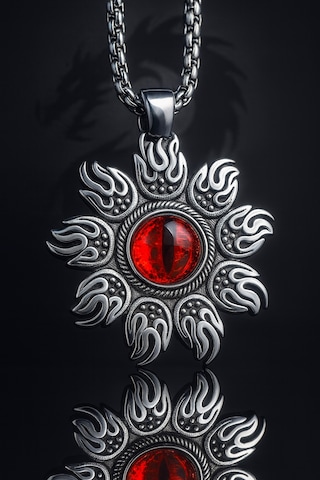 Kırmızı Cam Taşlı Paslanmaz Çelik Alev Desenli Güneş Kolye Kırmızı