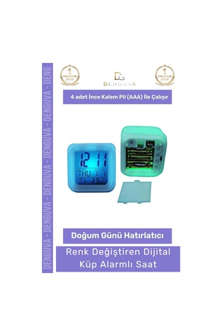 Renklisaat 7 Renk Değiştiren Gece Lambası Termometre Takvim Işıklı Dijital Küp Alarmlı Masa Çalar S Çok Renkli