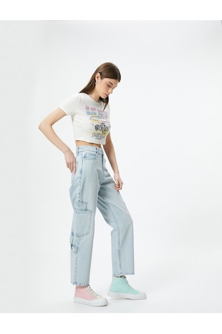Koton Kargo Kot Pantolon Straight Jean Yüksek Bel Düz Paça Cepli Pamuklu - Eve Jean Bleach 4sal40011md Açık Mavi