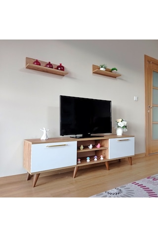 Mobilya Sepeti Ms 85 Mdf Tv Ünitesi Dolabı Raflı Ceviz Beyaz