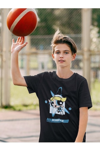 Sevbano Power Puff Girls Bubbles Baskılı Unisex Çizgi Film Çocuk Tişört Siyah