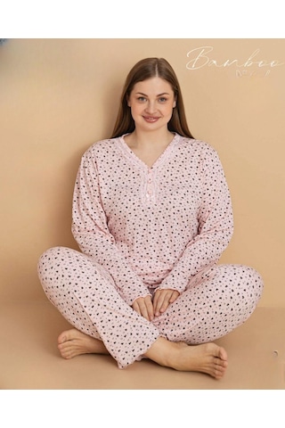 Pijamerry Kadın Büyük Beden Dantel Yaka Bambu Uzun Kol İnce Pijama Takımı 5674 - 1 Adet Pudra