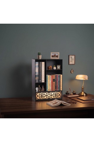 Işıklı Metal Masa Düzenleyici Masaüstü Kitaplık Minimalist Kitap Tutucu Siyah