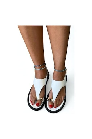 Ne&ve Shoes Beyaz Deri Tokalı Parmak Arası Kadın Günlük Sandalet