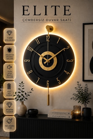 MetaQuartz Aksesuar Kardelen Gold Siyah Ledli 12 - 24 Duvar Saati Siyah - Gold