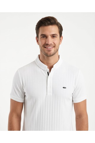 Özeniş Erkek Polo Yaka Slim Fit Çizgili Desen Kaşkorse T-shirt Beyaz