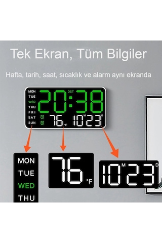 Ev Ve Ofis İçin Yeşil Led Duvar Saati Göz Yormayan Otomatik Işık Çift Alarm Sıcaklık Tarih Siyah