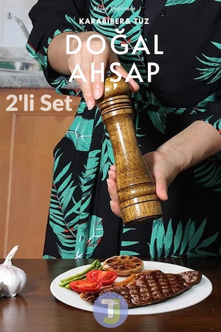 Technojet 2 Adet Doğal Ahşap Karabiber Tuz Kahve Baharat Öğütücü Ahşap Değirmen Tuzluk Biberlik 2li Set Tabaklı 22cm 2li Set Tabaklı 22cm
