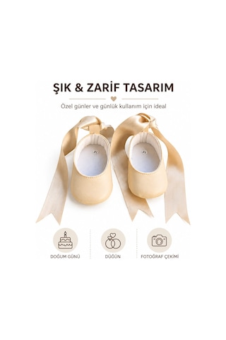 Baby Shez Kız Bebek Ayakkabısı Yumuşak Kaymaz Taban Rahat Babet Patik Özel Gün Bej