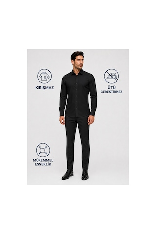 Suit Aydın Uzun Kol Slim Fit Non Iron Ütü Gerektirmeyen Pamuklu Klasik Gömlek Siyah