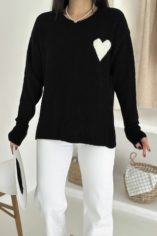 Noa & Noa Kadın Kalpli Kalın Triko Kazak Oversize & Minimal Romantik Stil Siyah