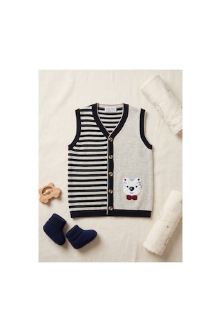 Deniva Kids Unisex Çocuk Çizgili Ve Ayıcık Figürlü Düğmeli Triko Süveter Yelek - Bej 1 Yaş