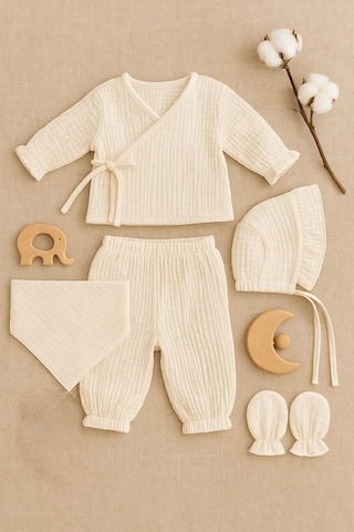 Heianmono 4 Katlı Müslin Yeni Doğan Set Hastane Çıkışı Alt Üst Takım-eldiven-şapka-üçgen Önlük Kız-unisex Bej