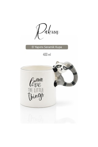 Rakun Figürlü El Yapımı Kupa - Mug, 400 Ml Beyaz