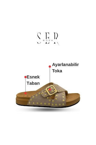 Sermoda Troklu Kadın Terlik - Tokalı Troklu Rahat Ve Esnek Taban Kadın Terlik Bej