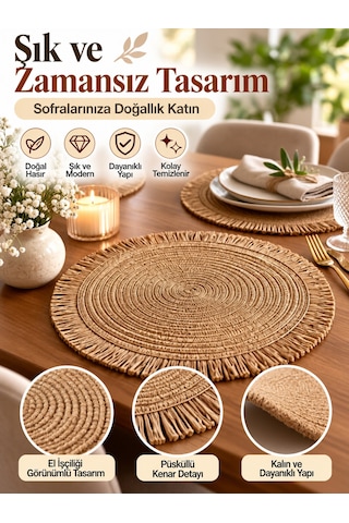 Mucit Home Kahve Püsküllü Hasır Supla 38 Cm Yuvarlak Amerikan Servis Tabak Altlığı Dekoratif Örgü Kahverengi