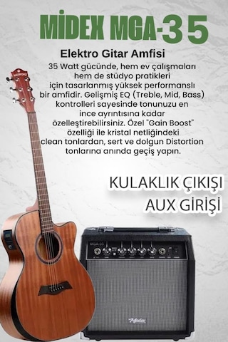 Maxword M450-EQ-AMP Profesyonel Masif Ağaç Amfili Elektro Akustik Gitar Seti üst Segment