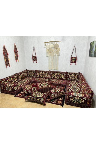 Coton Şark Köşesi Yörük Desen Minder Takımı Bordo 23 Parça
