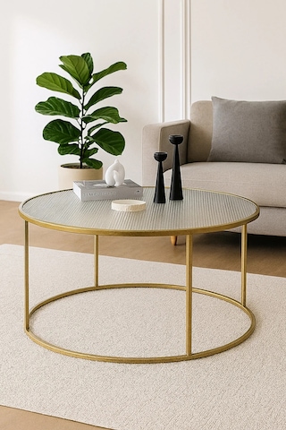 Berlin Nervürlü Camlı Gold 80cm - Metal Çerçeveli Cam Yuvarlak Orta Sehpa - Modern Ve Şık Tasarım Gold