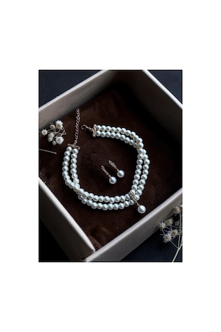 Zirkon Taşlı Tasma Choker İnci Kolye Ve İnci Küpe Seti Düğün Nikah Kına Beyaz