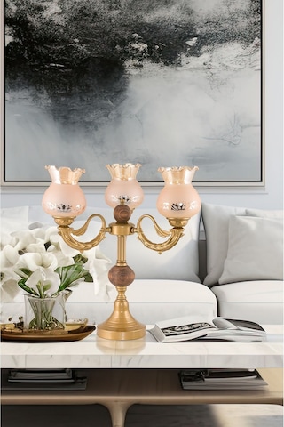 Üçlü Şamdan Masa Lambası Abajur Eskitme Bal Rengi Camlı Eskitme