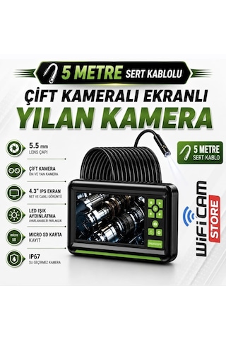 5 Metre Çift Lens Ekranlı Yılan Kamera 5.5mm Lens Sert Kablo