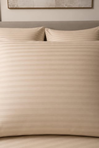 %100 Pamuk Saten Çizgili Kapaklı Yastık Kılıfı 2'li Lüx Otel Kalitesi 50x70 Bej