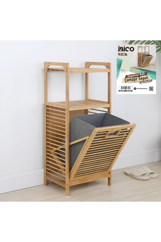 2 Katlı Bambu Çamaşır Sepeti Önden Çek-aç Organizer 40x35x95 Cm Sarı