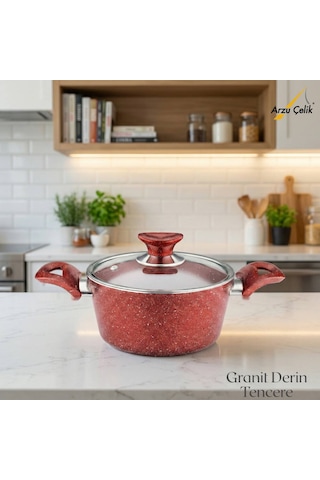 18 Cm Granit Derin Tencere Cam Kapak - Kırmızı Kırmızı
