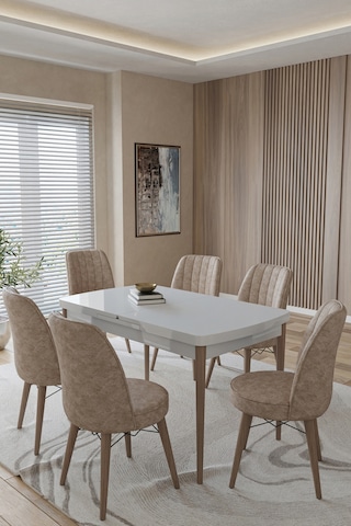 Toce Home Leva 80x130 Açılabilir Beyaz Masa Yemek Odası Takımı Mutfak Takımı 6 Adet Sandalye-cappicino Bej
