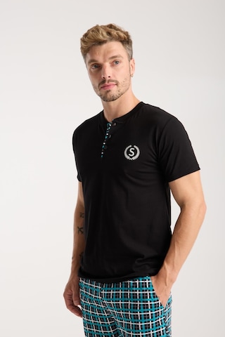 Akbeniz Erkek Düğmeli Yaka Siyah Kısa Kol Pijama Takımı