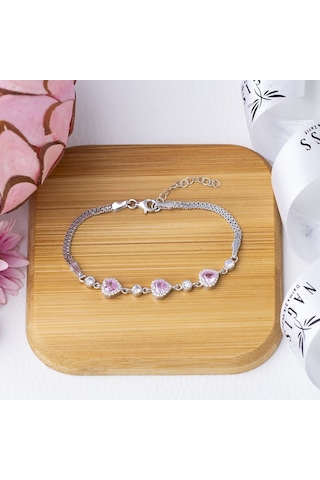 Kalp Model-2 Pembe Zirkon Taşlı 925 Ayar Gümüş Kadın Bileklik Gümüş