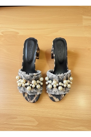 Dabab Shoes Nubıa Kadın İnci Detaylı Hasır Topuklu Leopar Terlik Sandalet