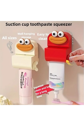 Elmpaly Kırmızı Renkli Manuel Duvar Askılı Otomatik Diş Macunu Dağıtıcı - Dayanıklı Plastik Aile Kullanımı İçin Yaratıcı Tembel İnsan Aleti 1
