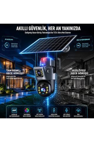 6mp Solar Wifi Çift Lensli Ptz Güvenlik Kamerası 360 Dönüş Hareket Algılama Gece Görüşü Uzaktan İzleme Ip66 Dış Mekan Kamera