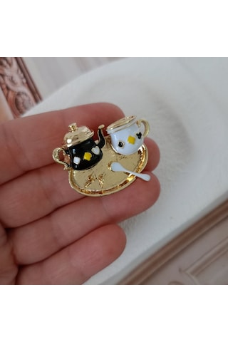 Lente Aksesuar Gold Detaylı Mini Çay Seti Broş-sevimli Çay Saati Yaka İğnesi Çok Renkli