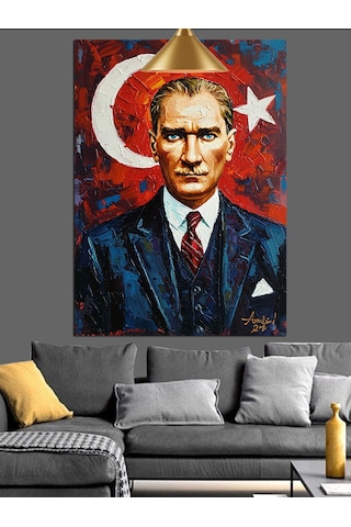 Türkiye Cumhuriyeti Bayrağı Önünde Atatürk Portresi Dekoratif Kanvas - Mdf Ahşap Tablo