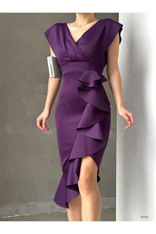 Scuba Kumaş Önü Fırfırlı Midi Boy Elbise Bediva 001