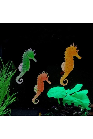 Youmex Akvaryum Dekorasyon Işıklı Silikon Deniz Atı Seti - Canlı Görünüm, Balıklar İçin Güvenli, 3 Adet Pembe, Turuncu, Yeşil