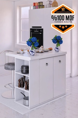 Adore Çok Amaçlı Mutfak Adası 2 Kapaklı Raflı Mdf Beyaz