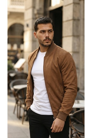 Efnaz Style Erkek Önden Fermuarlı Içi Astarlı Süet Ceket Kahverengi