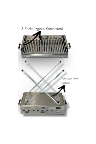 Paslanmaz Çelikten Katlanır Ayaklı Ve 3 Kademeli Mangal 70x40x70c Krom